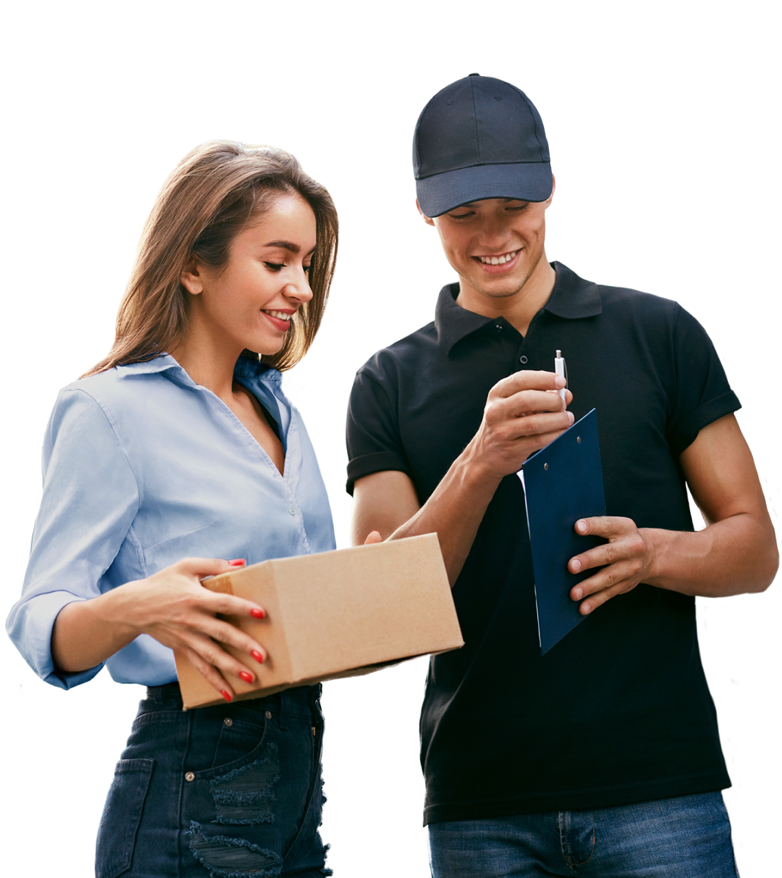 The fastest courier service - girl and guy-courier - borzo delivery / Entrega en el mismo día - guy hands over the parcel - borzo delivery / Layanan kurir tercepat-cewek dan cowok-kurir-pengiriman borzo