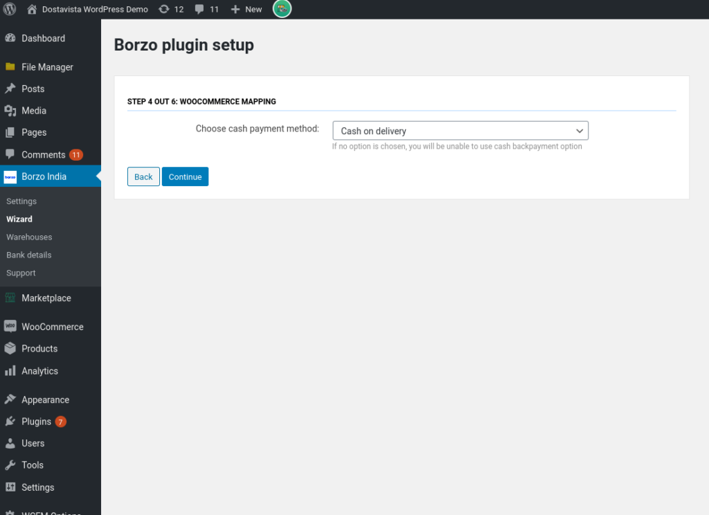 Borzo plugin WordPress installation instruction - choose cash payment method screenshot - borzo delivery India