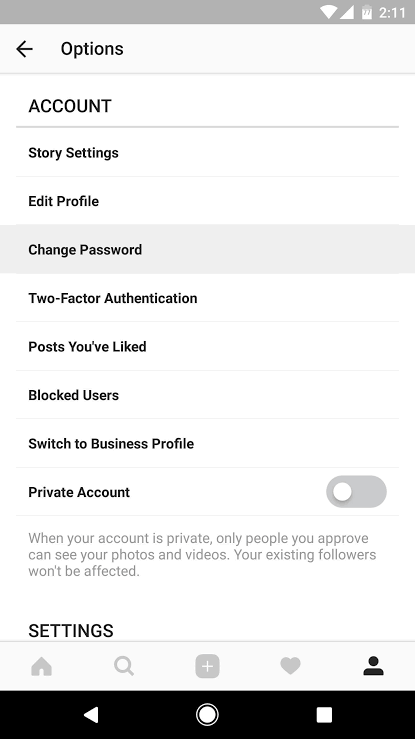 how to use Instagram for business - change password in settings Instagram screenshot - borzo delivery
