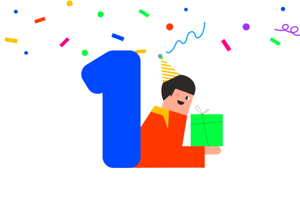 Big blue "1" with an illustration of a man in red shirt in a yellow party hat holding a green gift package, with confetti background