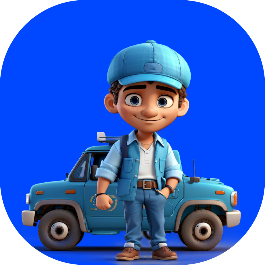 Fastest Pick Up Service in India - courier stands in front of the car in blue uniform cartoon style 3d - Borzo
