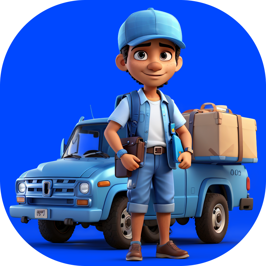 ecommerce courier service - courier in blue uniform stands in front of the car, cartoon style, 3d - Borzo