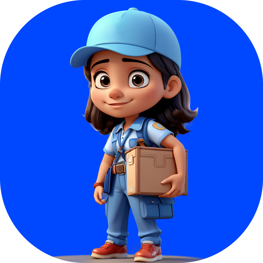 One Day Courier Service in India - woman courier in blue clothes with a box cartoon style illustration - Borzo