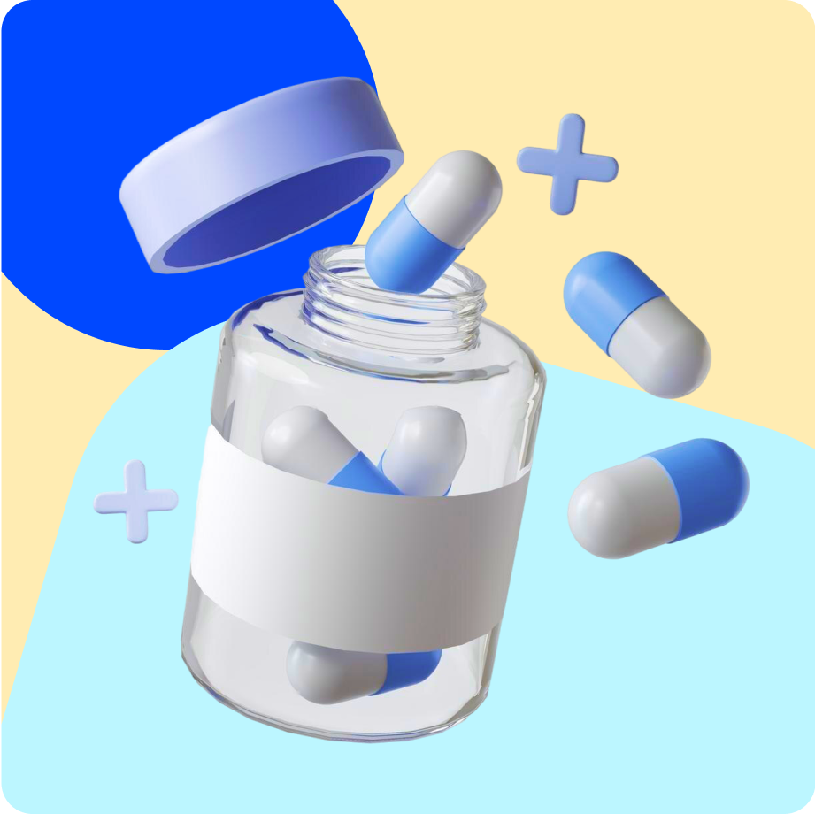 Illustration of a medicine bottle with capsules representing instant medicine delivery in Delhi