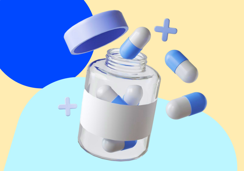 Illustration of a medicine bottle with capsules representing instant medicine delivery in Delhi - mobile
